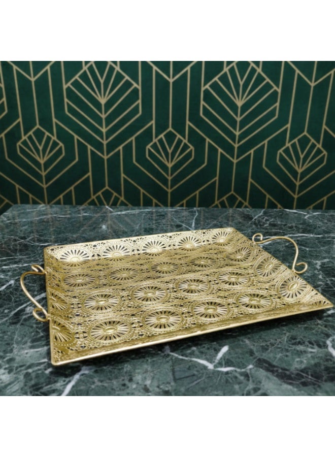 Eva Luxurious Gold Serving Tray with Decorative Side Handles - Image 2